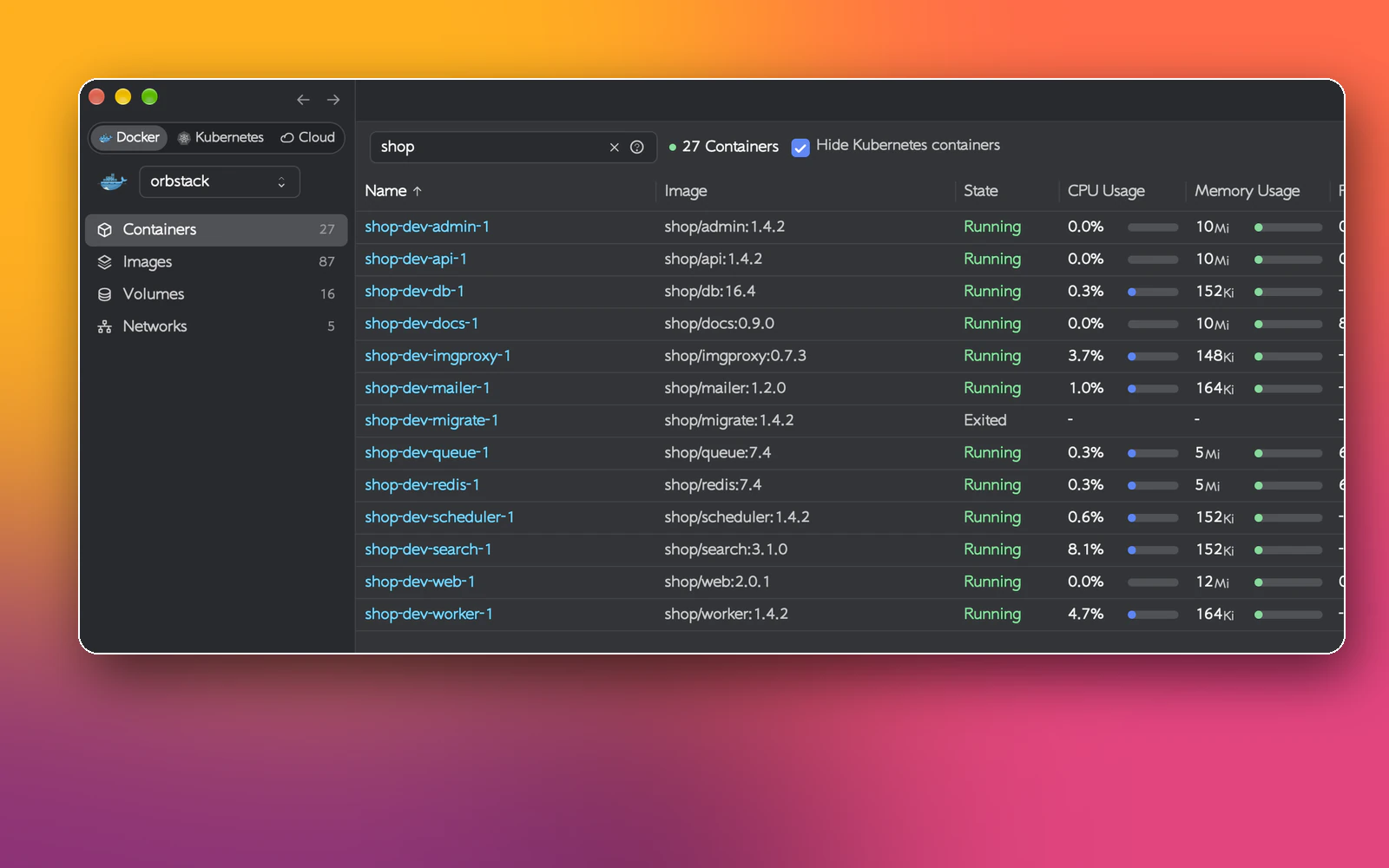 Docker containers list for the shop-dev stack: each container with its image, state, CPU, memory, ports and status