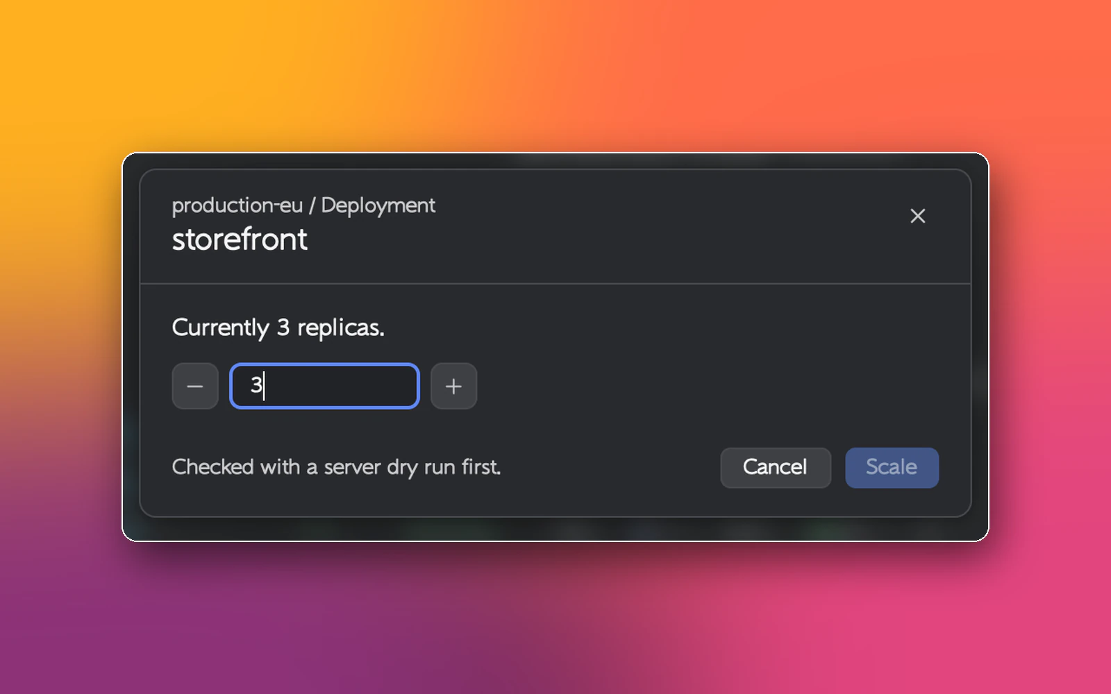 Scale dialog for the storefront deployment, currently 3 replicas, checked with a server dry run first