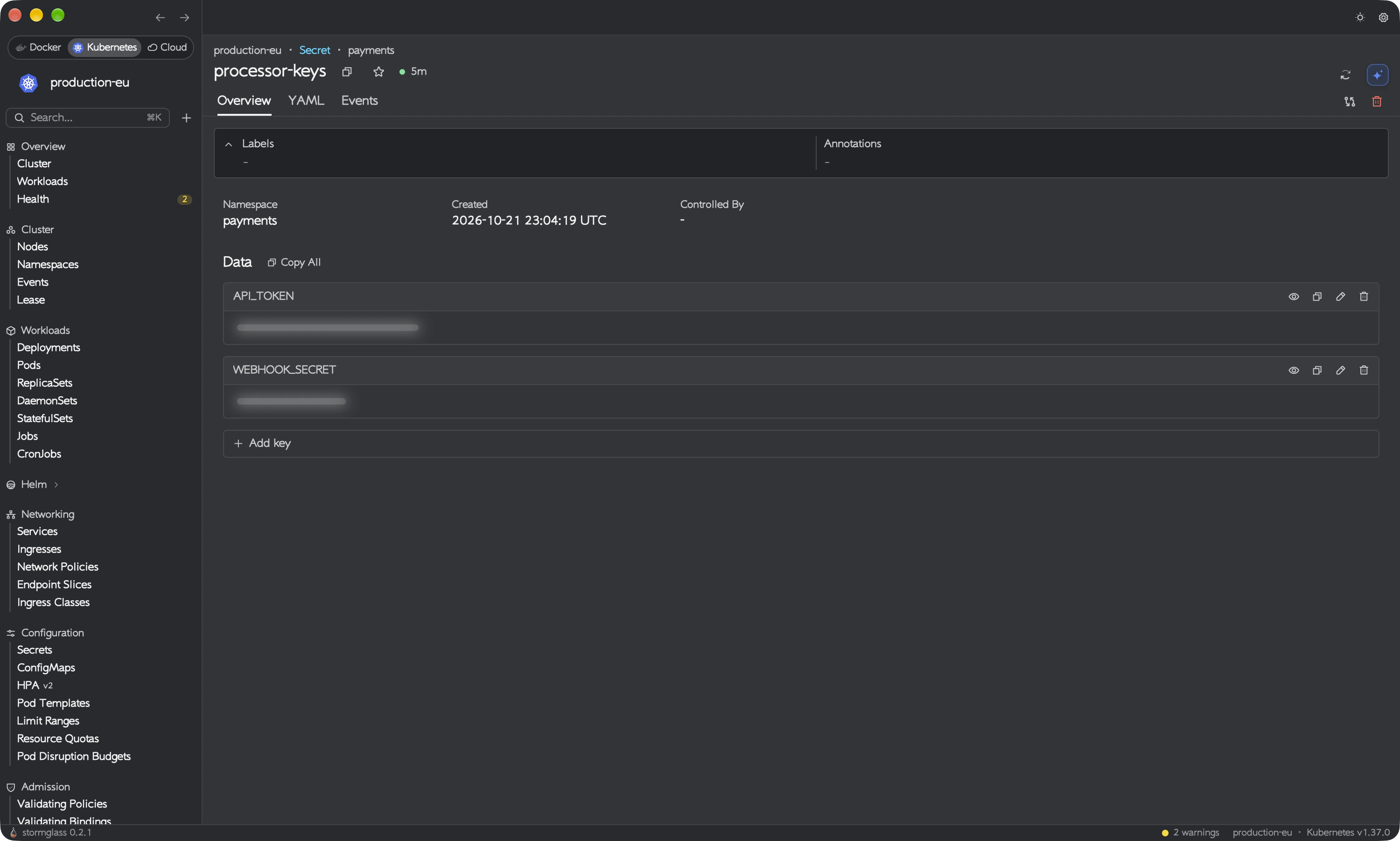 Secret detail with two data values blurred, each with reveal and copy buttons, and a Copy All button